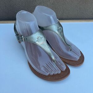 Coach Vitalia Gold Sandals T-Strap Slingback Pebbled Leather Low Wedge Size 7